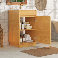 20-inch Bathroom Vanity with Ceramic Sink, Freestanding Single Vanity Set with Soft Closing Door, Adjustable Shelf, Farmhouse Style, Natural Wood.