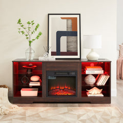 TV Stand Electric Fireplace TV Stand with Glass Shelves, 3D Fireplace TV Stand with LED Lights Wood with USB Charging Outlet Modern Television Table Center for TV up to 32-62" ESP 58''W*15.4''D*24.4