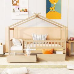 Twin Size Wooden House Bed with Two Drawers, Natural