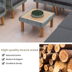 <Old SKU: FF201208AAE> 9-Piece Patio Rattan Furniture Set, Outdoor Conversation Set With Acacia Wood Legs and Tabletop, PE Rattan Sectional Sofa Set with Coffee Table, Washable Cushion, Gray