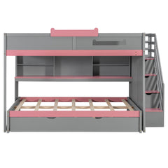 Full Over Full Bunk Bed with Twin Size Trundle and Staircase, Shelves, LED,Gray