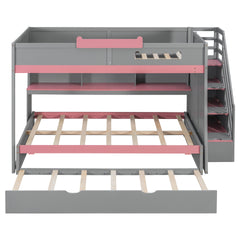 Full Over Full Bunk Bed with Twin Size Trundle and Staircase, Shelves, LED,Gray