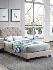 European Style 1pc Twin Size Tufted Headboard Bed Middle Support Legs Burlap Fabric Light Brown Finish Bedroom Furniture