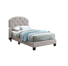 European Style 1pc Twin Size Tufted Headboard Bed Middle Support Legs Burlap Fabric Light Brown Finish Bedroom Furniture