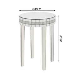 Round Mirror Accent Table, with Silver Mirror Glass Tabletop with Bling Crushed Diamond Edge Frame and Crystal Mirror Legs. End Table for Living Room, Bedroom, Coffee, Entryway,9.7" Diameter x 28.33"