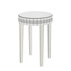 Round Mirror Accent Table, with Silver Mirror Glass Tabletop with Bling Crushed Diamond Edge Frame and Crystal Mirror Legs. End Table for Living Room, Bedroom, Coffee, Entryway,9.7" Diameter x 28.33"
