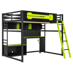 Full Size Wood Loft Bed with Desk, Shelves, LED Lights, USB Ports and Pegboard, Black+Green