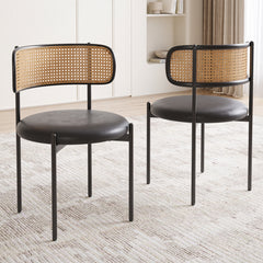 Dining Chairs Set of 4, PU Leather Upholstered Seat with Woven Rattan Back, Sturdy Metal Legs Modern Side Chairs for Kitchen Living Room Restaurant