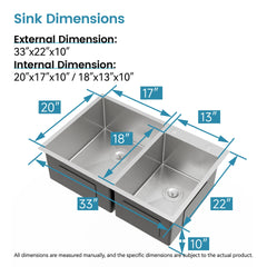 33"x19" Embedded Double Bowl Kitchen Sink, Overmount Handmade Sink in Brushed (Sink only)