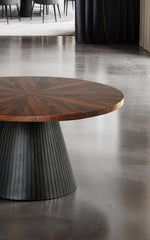 Contemporary Style 1pc Round Coffee Table Parquet Pattern Top Drum Base Black Finish