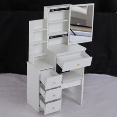 29.2 inch Small Space Left Bedside Cabinet Vanity Table + Cushioned Stool, Extra Large Right sliding mirror, Multi Layer High Capacity Storage, Practical Fashionable Dresser, Suitable For Small Space