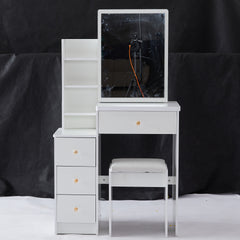29.2 inch Small Space Left Bedside Cabinet Vanity Table + Cushioned Stool, Extra Large Right sliding mirror, Multi Layer High Capacity Storage, Practical Fashionable Dresser, Suitable For Small Space