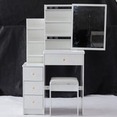 29.2 inch Small Space Left Bedside Cabinet Vanity Table + Cushioned Stool, Extra Large Right sliding mirror, Multi Layer High Capacity Storage, Practical Fashionable Dresser, Suitable For Small Space