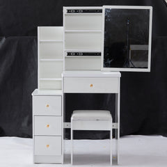 29.2 inch Small Space Left Bedside Cabinet Vanity Table + Cushioned Stool, Extra Large Right sliding mirror, Multi Layer High Capacity Storage, Practical Fashionable Dresser, Suitable For Small Space