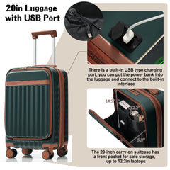 Luggage Set of 3, 20inch with USB Port, front opening design Airline Certified Carry on Luggage, ABS Hard Shell Luggage with Spinner Wheels,Dark Green