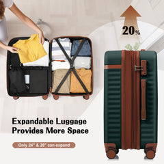 Luggage Set of 3, 20inch with USB Port, front opening design Airline Certified Carry on Luggage, ABS Hard Shell Luggage with Spinner Wheels,Dark Green