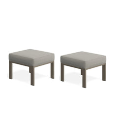 Set of 2, 22” All-Weather Metal Patio Ottomans Thick Beige Cushions & Khaki Frame