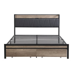 FULL Size Metal Platform Bed Frame with upholstery storage function Headboard and USB LINER and Footboard with drawers , No Box Spring Needed, Large Under Bed Storage, Easy Assemble
