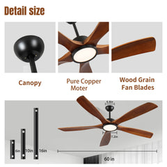 60 Inch wood Ceiling Fan with light, Low Profile Ceiling Fan with Remote Control,Noiseless Reversible DC Motor with Timer60