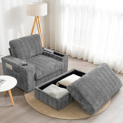 42" Oversized Single Sofa, Faux Rabbit Fur Armchair with Cup Holders, Upholstered Chaise Lounge with Storage Ottoman and Armrests, Sleeper Reading Couch with Deep Seat for Living Room, Apartment