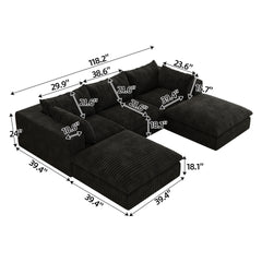 118.2" Cloud Sofa,Corduroy Fabric,Deep Seat Couches,Double-layer design,Removable Cushion,No Assembly, DIY Combination for Living room, Bedroom,Conference room ,Apartment,Black