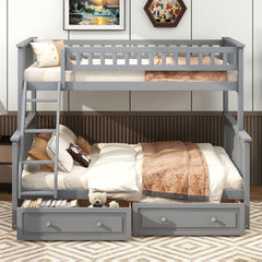 Twin over Full Bunk Bed with Drawers, Convertible Beds, Gray