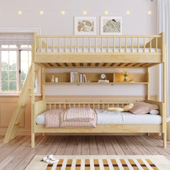 Twin Size Wooden Bunk Bed with 3 Storage Shelves,Ladder can be Changed Left or Right,Natural