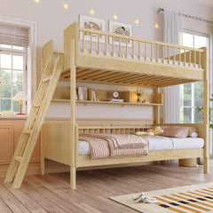 Twin Size Wooden Bunk Bed with 3 Storage Shelves,Ladder can be Changed Left or Right,Natural