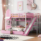 Full-Over-Full Castle Style Bunk Bed with 2 Drawers 3 Shelves and Slide - Pink