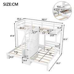 Twin over Twin & Twin Bunk Bed with Built-in Staircase and Storage Drawer,White