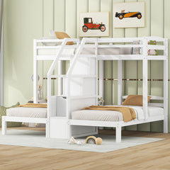 Twin over Twin & Twin Bunk Bed with Built-in Staircase and Storage Drawer,White