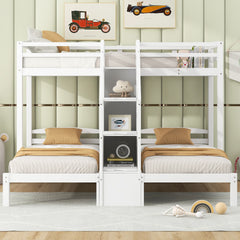 Twin over Twin & Twin Bunk Bed with Built-in Staircase and Storage Drawer,White