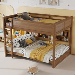 Queen Over Queen Bunk Bed with Built-in Storage Cabinets,Charging Station,Ladder,Safety Guardrails,Solid Pine Wood Bunk Bed,WHEAT