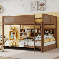 Queen Over Queen Bunk Bed with Built-in Storage Cabinets,Charging Station,Ladder,Safety Guardrails,Solid Pine Wood Bunk Bed,WHEAT