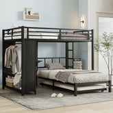 Full over Twin Bunk Bed with Built-in Wardrobe, Metal Bunk Bed with Trundle, Foldable Desk, Ladders, Noise-reduced design, Black