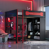 Full Size Wood Loft Bed with Desk, Open Wardrobe and RGB Light, Red