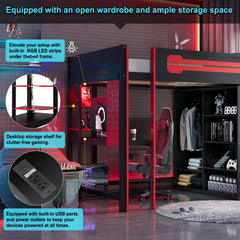 Full Size Wood Loft Bed with Desk, Open Wardrobe and RGB Light, Red