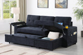 Aurora II 84"W Dark Gray Woven Fabric Reversible Sleeper Sectional Sofa with Storage Chaise, Storage Arm, Cup Holder, Charging Ports, Side Pockets, and Pocket Coil Seating