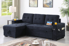 Aurora II 84"W Dark Gray Woven Fabric Reversible Sleeper Sectional Sofa with Storage Chaise, Storage Arm, Cup Holder, Charging Ports, Side Pockets, and Pocket Coil Seating