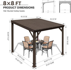 8' x 8' Lean to Gazebo, Wall Mounted Gazebos Pergola with Built in Drainage System, Galvanized Steel Roof, Hardtop Patio Shelter for Deck, Porch, Backyard and More,Brown