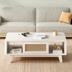 Coffee Table, Mid Century Living Room Tables with Storage, Modern Square with Rattan Drawer, Wooden Living Room Table with Solid Wood Leg