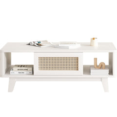 Coffee Table, Mid Century Living Room Tables with Storage, Modern Square with Rattan Drawer, Wooden Living Room Table with Solid Wood Leg