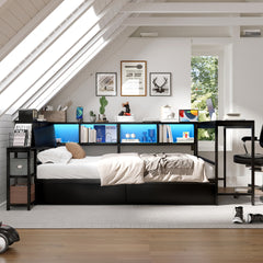 Corner Bed Frame Full Size with Bookcase and 2 Underbed Storage Drawers, Modern Bed with LED Light and Charging Station, Left and right interchangeable, Black