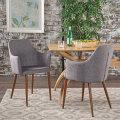 Mid Century Modern Fabric Upholstered Dining Chairs Armchairs, Set of 2, Light Grey and Dark Walnut