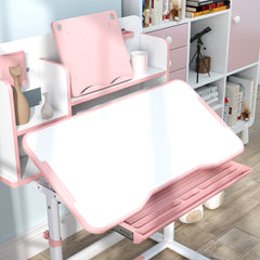 Qaba Kids Desk and Chair Set, Height Adjustable Kids School Study Desk and Chair Set with Tilt Desktop, Storage Drawer and Reading Rack for Writing, Reading and Drawing, Pink