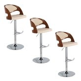 Pino Mid-Century Modern Adjustable Barstool with Swivel in Chrome Metal, Walnut Wood and Cream Faux Leather with Rounded T Footrest by LumiSource - Set of 3
