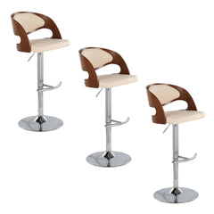 Pino Mid-Century Modern Adjustable Barstool with Swivel in Chrome Metal, Walnut Wood and Cream Faux Leather with Rounded T Footrest by LumiSource - Set of 3