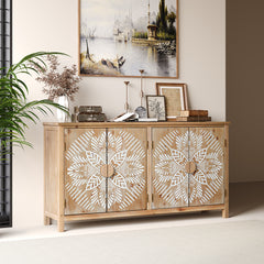 60"Wood Accent Cabinet with 4 Doors, Brown and antique white Modern Pantry Cabinet, Wood Buffet Cabinet, Media Cabinet, Console Cabinet, Cabinet for Entryway, Living Room, Bedroom, Dining Room