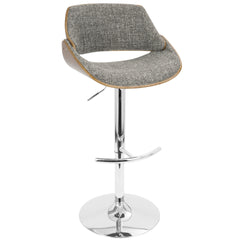 Fabrizzi Mid-Century Modern Adjustable Barstool with Swivel in Chrome Metal, Walnut Wood and Grey Noise Fabric with Rounded T Footrest by LumiSource - Set of 3