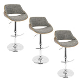 Fabrizzi Mid-Century Modern Adjustable Barstool with Swivel in Chrome Metal, Walnut Wood and Grey Noise Fabric with Rounded T Footrest by LumiSource - Set of 3
